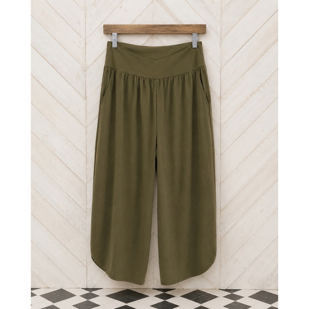 Tarse Wide Leg Culotte Pants Crossover Waist Olive Green 2XL